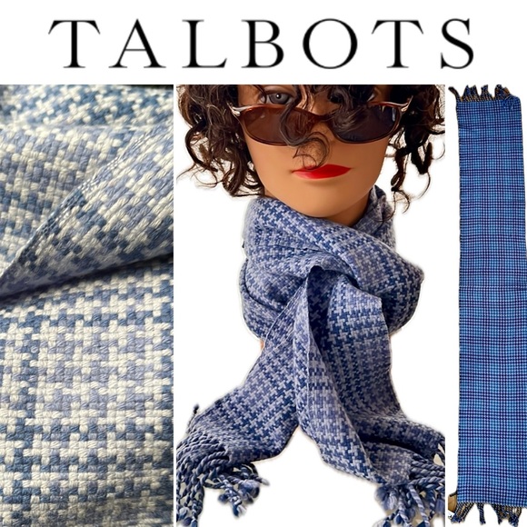 🐑New Cashmere/Wool Blue Houndstooth Fringed Scarf | 10”W x 59”L by Talbots - Picture 1 of 17